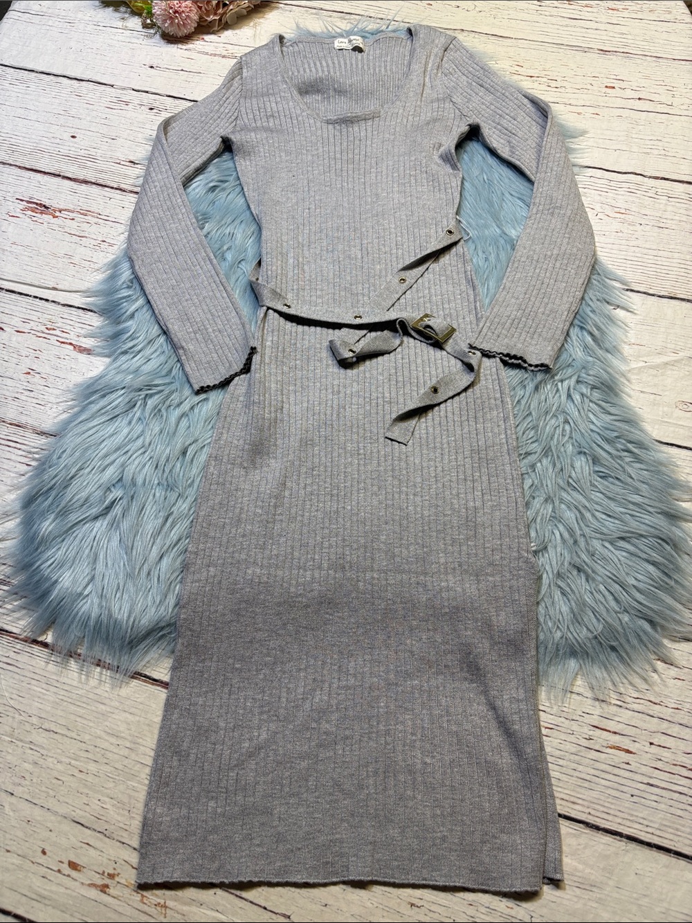 Love Always Ribbed Knit Long Sleeve Belted Sweater Dress - Light Gray Sz XL
